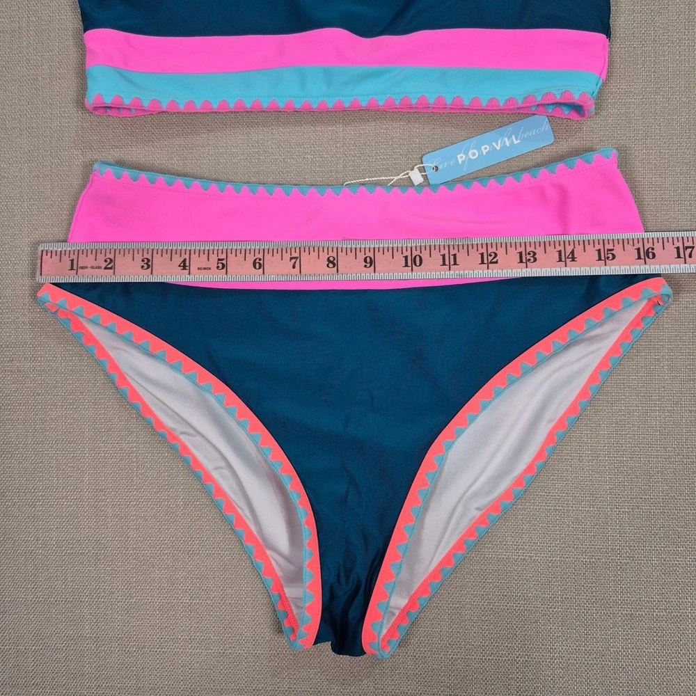Popvil 3 Piece Swimsuit Set Teal Pink Colorblock Ric Rac Skirt Bikini Womens L